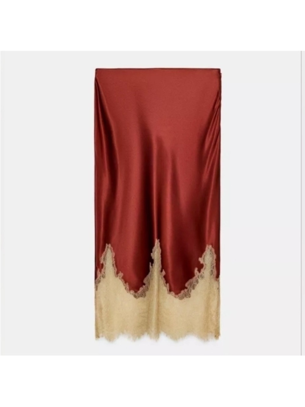 Zara Rust Satin Midi Skirt with Cream Lace Hem - Picture 6 of 10